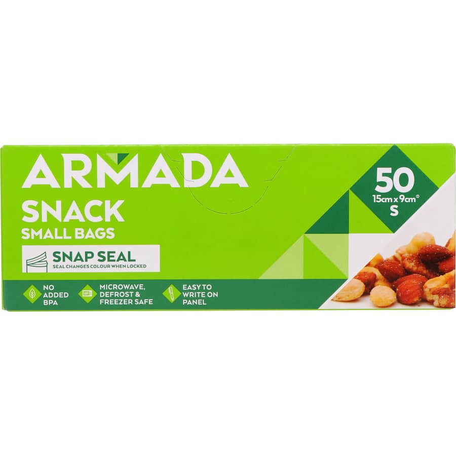 Armada Plastic Bags Snack pack of 50 resealable, BPA-free bags with color-changing seals for safe food storage.