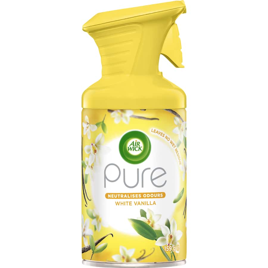 Air Wick Pure Air Freshener Spray in White Vanilla eliminates odors with an ultra-fine mist, leaving no wet residue.