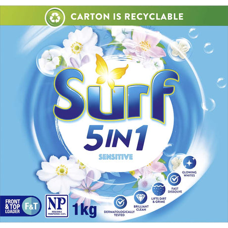 Surf Laundry Powder 5 In 1 Sensitive in eco-friendly packaging, ideal for sensitive skin, delivers powerful stain removal and freshness.