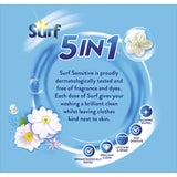 Surf Laundry Powder 5 In 1 Sensitive in eco-friendly packaging, designed for effective cleaning without fragrances or dyes.
