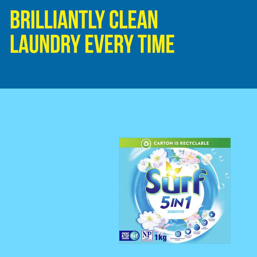 Surf Laundry Powder 5 In 1 Sensitive in eco-friendly packaging, ideal for sensitive skin, providing powerful stain removal and softness.