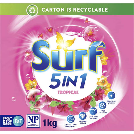 Surf Laundry Powder 5 In 1 Tropical offers long-lasting freshness with Ylang Ylang and Tropical Lily fragrance for a brilliant clean.