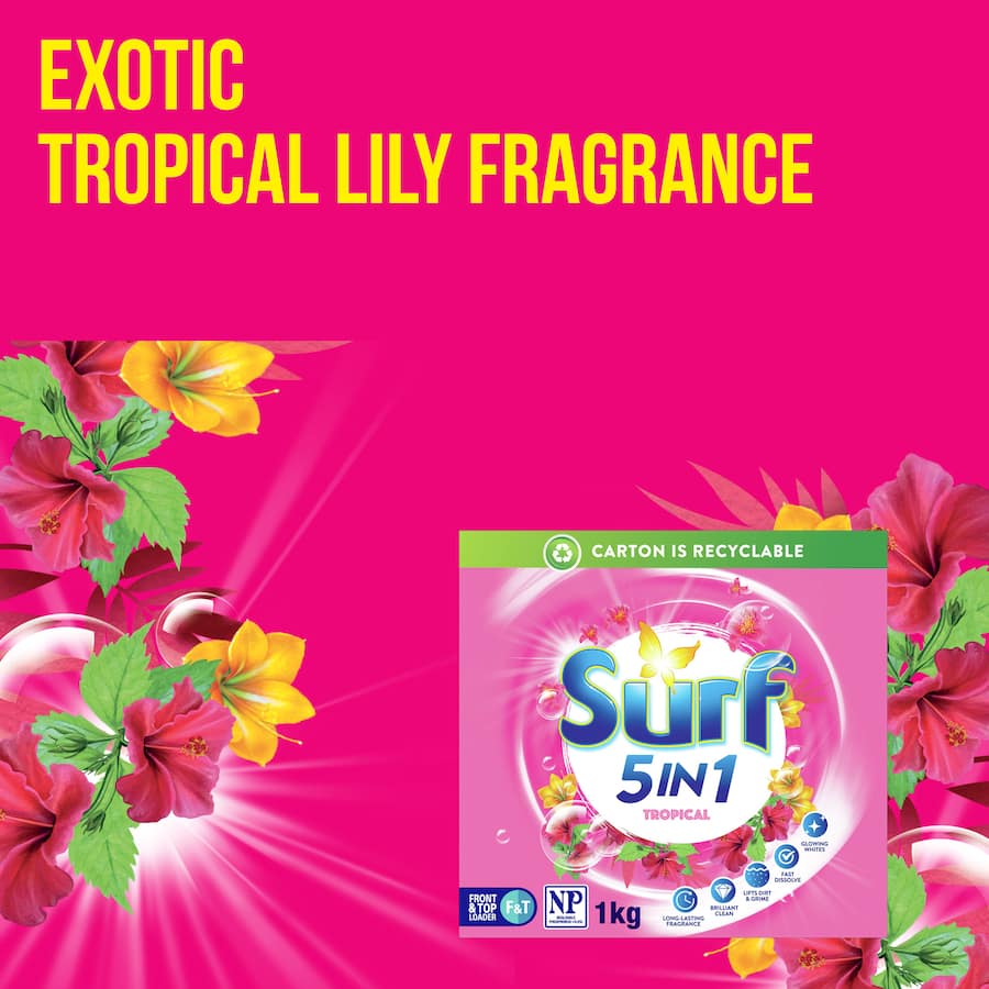 Surf Laundry Powder 5 In 1 Tropical features an exotic floral scent with Ylang Ylang and Tropical Lily for vibrant freshness.