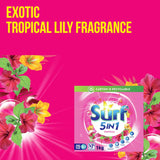 Surf Laundry Powder 5 In 1 Tropical features an exotic floral scent with Ylang Ylang and Tropical Lily for vibrant freshness.