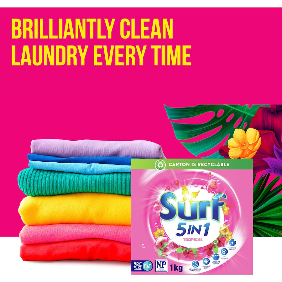 Surf Laundry Powder 5 In 1 Tropical, featuring Ylang Ylang and Tropical Lily for long-lasting freshness and brilliant cleaning.