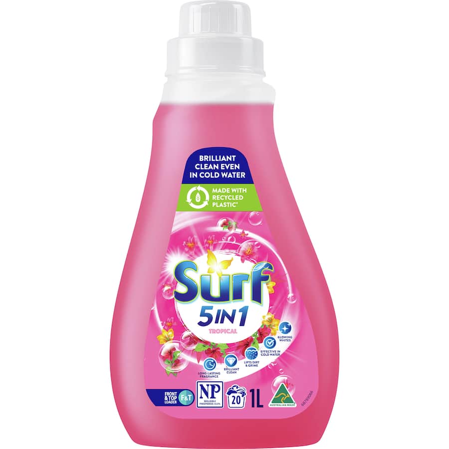 Surf 5 In 1 Washing Liquid Tropical offers brilliant cleaning and delightful Ylang-Ylang and Tropical Lily fragrance for 20 washes.