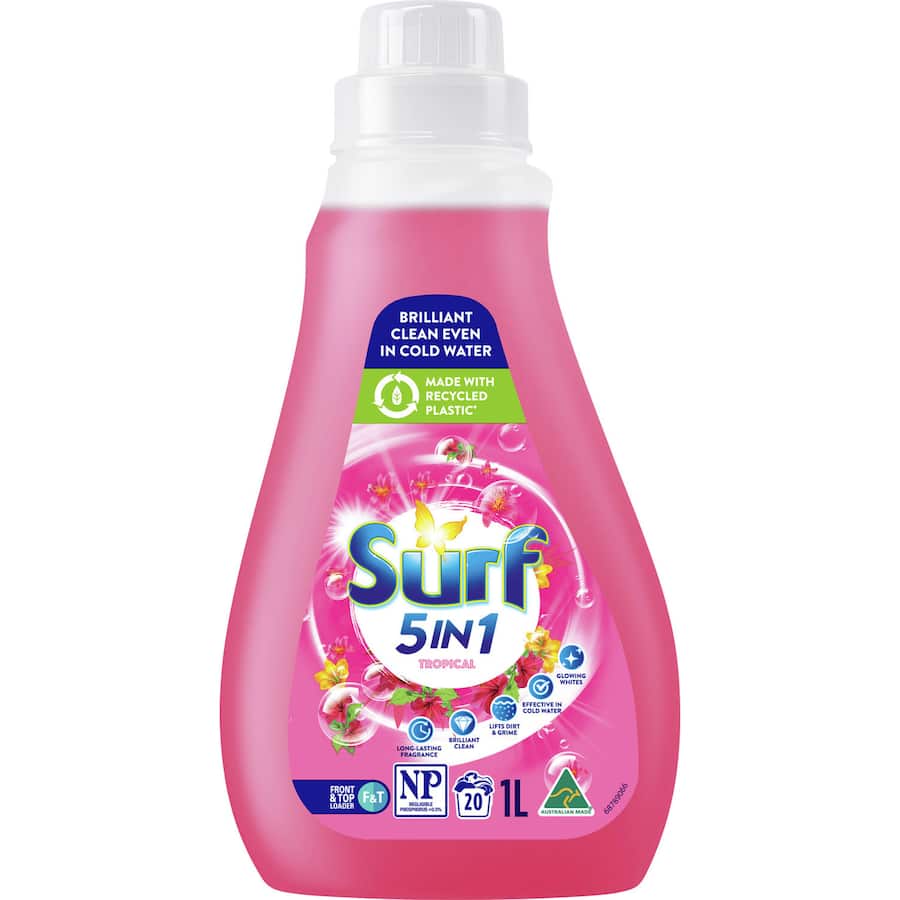 Surf 5 In 1 Washing Liquid Tropical with Ylang-Ylang and Tropical Lily for 20 washes, delivering brilliant clean and lasting freshness.