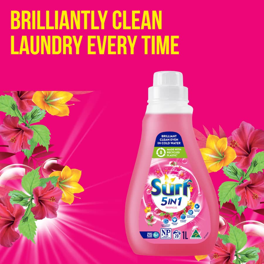 Surf 5 In 1 Washing Liquid Tropical bottle with Ylang-Ylang and Tropical Lily scent, offering 20 washes of brilliant cleaning power.