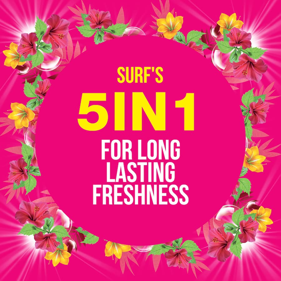 Surf 5 In 1 Tropical Washing Liquid, 20 washes; delivers brilliant cleaning with Ylang-Ylang and Tropical Lily fragrances.