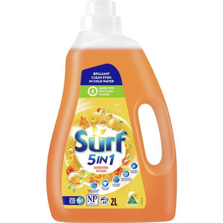 Surf Front & Top Loader Laundry Liquid in 2L tub, featuring vibrant citrus scent and powerful cleaning for fresh, revitalized laundry.