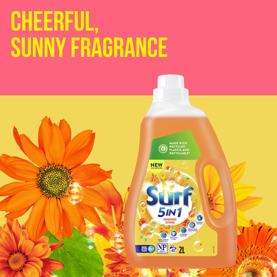 Surf Front & Top Loader Laundry Liquid in 2L tub, featuring citrus scent of lemons and orange blossom for brilliant cleaning.
