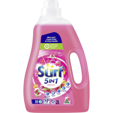 Surf Front & Top Loader Laundry Liquid Tropical in a 2L tub, featuring ylang ylang and tropical lily scents for vibrant, fresh laundry.