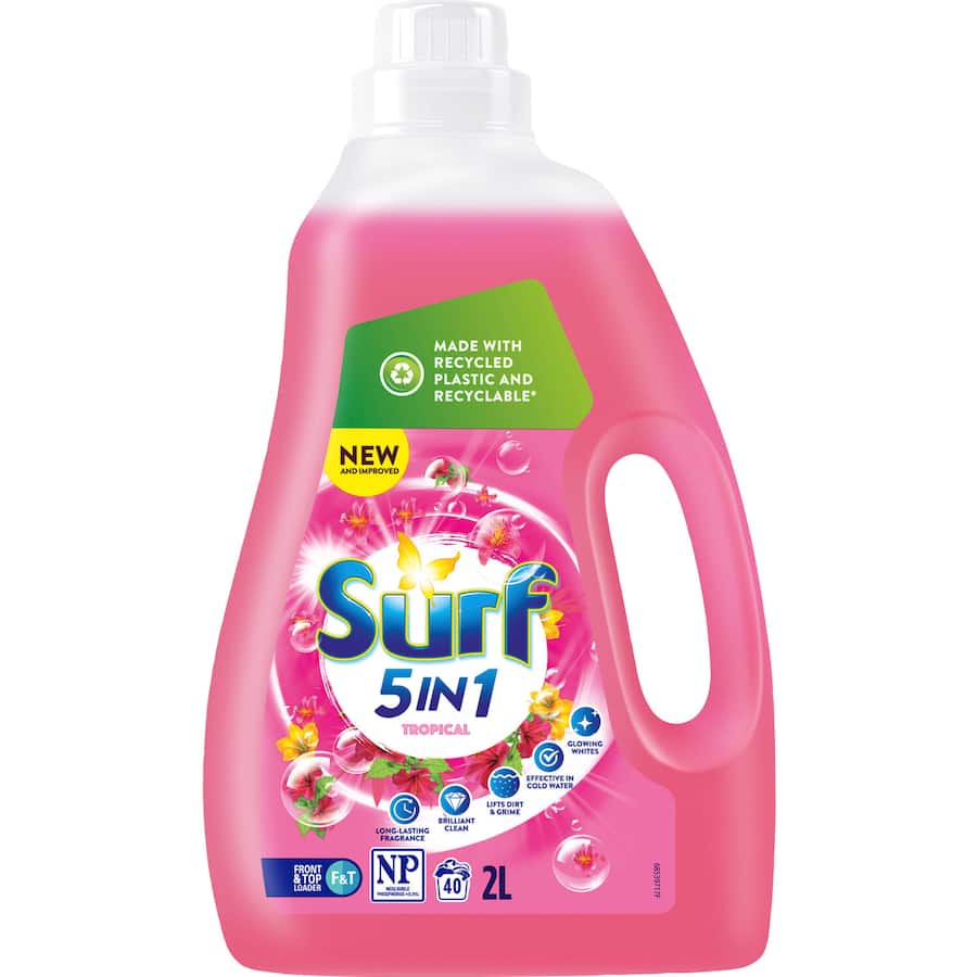 Surf Front & Top Loader Laundry Liquid Tropical in 2L, featuring ylang ylang and tropical lily for brilliant cleaning and lasting freshness.
