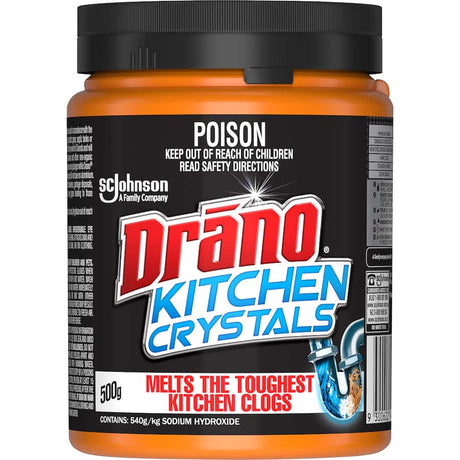 Drano Drain Unblocker Crystals in a pack, designed to dissolve tough clogs and eliminate odors for effective drain cleaning.