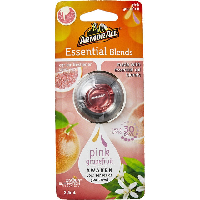 Armor All Pink Grapefruit Car Freshener spray enhances driving with a refreshing citrus scent and eliminates odors.