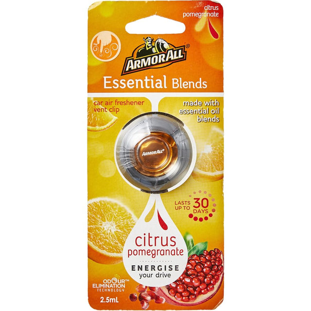 Fresh citrus and pomegranate car air freshener designed to eliminate odors and enhance your driving experience.
