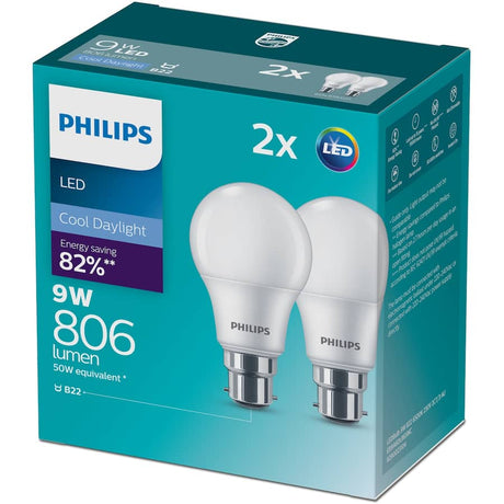 Philips 9W LED Bayonet Light Bulb, 806 lumens, cool daylight (6500K), energy-efficient with 15,000-hour lifespan.