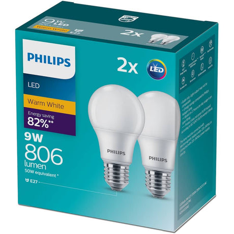 Philips 9W LED screw light bulb emitting 806 lumens of warm white light, energy-efficient with a 15,000-hour lifespan.