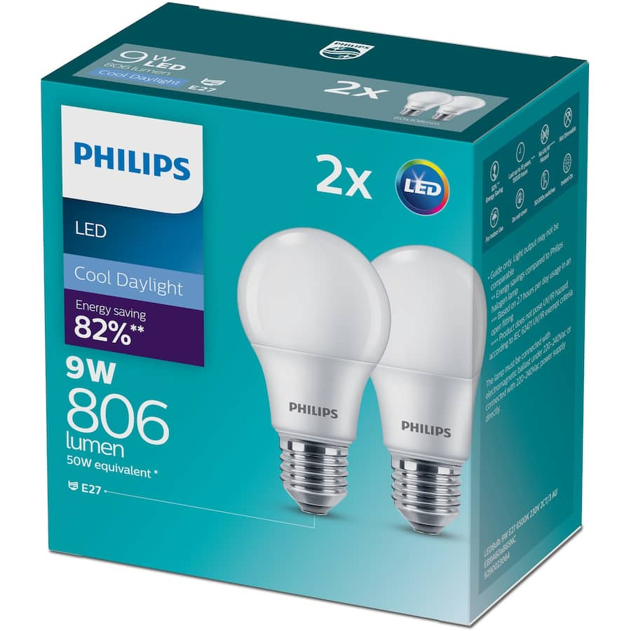 Philips 9W LED screw light bulb emitting 806 lumens of cool daylight, ideal for energy-efficient indoor lighting.