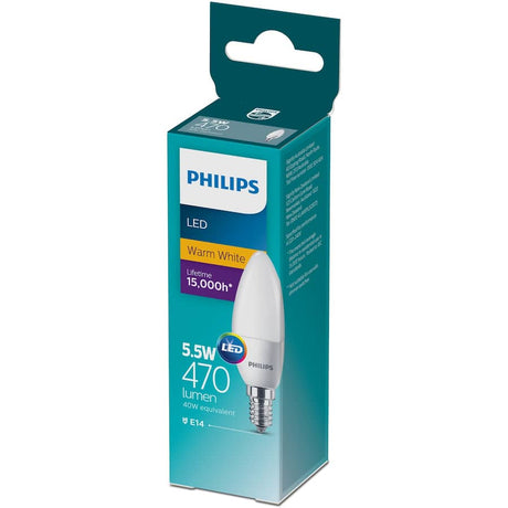 Philips LED Screw Candle Bulb, 5.5W, 470 Lumens, warm white light, E14 base, frosted design for chandeliers and sconces.