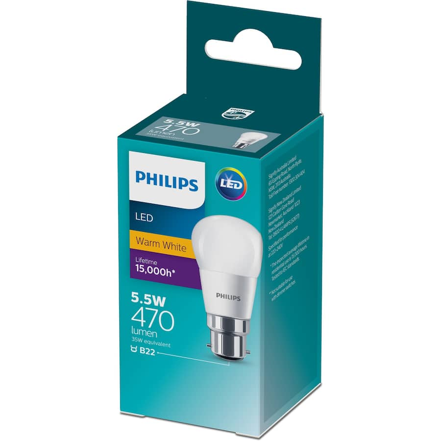 Philips LED bayonet bulb, 5.5W, 470 lumens, warm white, energy-efficient, long-lasting, ideal for home and office lighting.