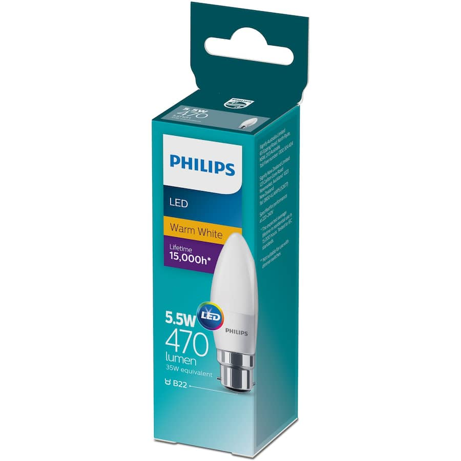 Philips Bayonet Candle Bulb LED 5.5W, 470 lumens warm white light, B22 cap, frosted design, energy-efficient for cozy spaces.