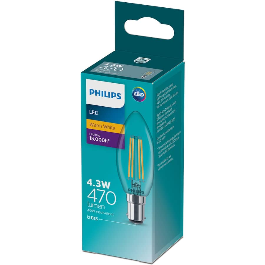 Philips LED Bayonet Candle Bulb 4.3W offers 470 lumens of warm white light, ideal for cozy indoor ambiance with energy efficiency.