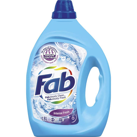 Bottle of Fab Intense Laundry Liquid, 1.8L, featuring Odour Control technology for long-lasting freshness and stain removal.
