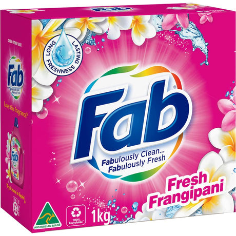 Fab Laundry Powder Fresh Frangipani offers a fragrant, versatile wash for all fabrics, providing up to 30 days of lasting freshness.