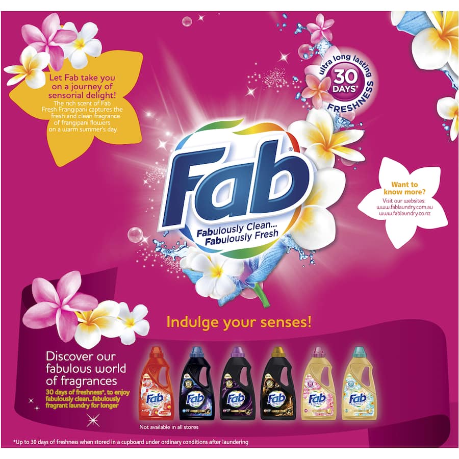 Fab Laundry Powder in Fresh Frangipani scent, effective for all fabrics, ensuring long-lasting freshness and vibrant clean clothes.