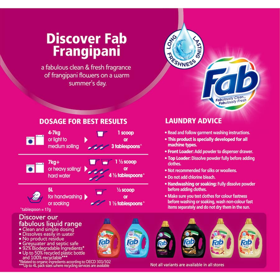 Fab Laundry Powder Fresh Frangipani for vibrant cleaning and lasting 30-day freshness, suitable for all machine types.