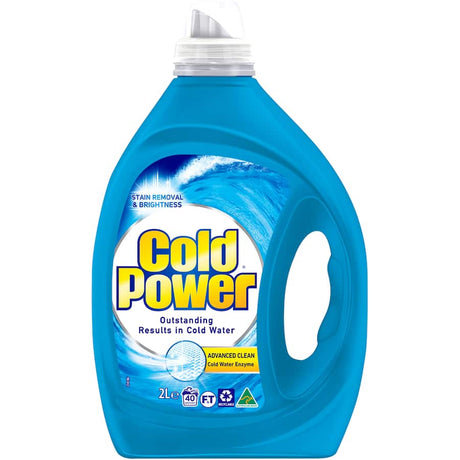 Cold Power Advanced Clean Laundry Detergent Liquid bottle with ergonomic handle, designed for 40 washloads, effective in cold water.