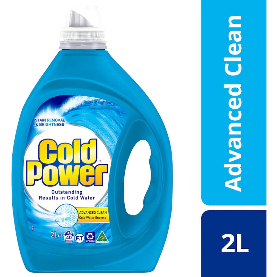 Cold Power Advanced Clean Laundry Detergent in a 2-litre bottle, designed for 40 loads, brightens whites in cold water.