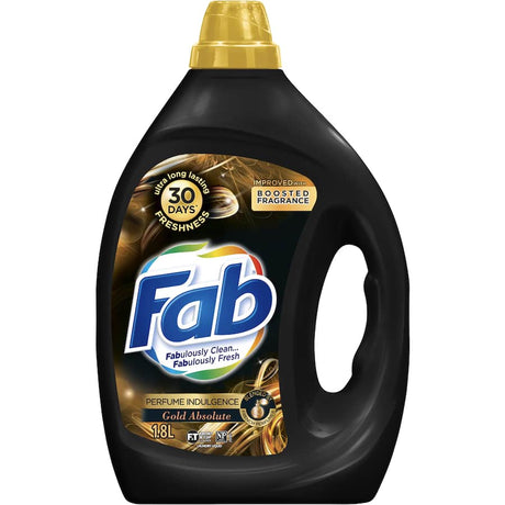 Fab Laundry Detergent Liquid Indulgence Gold in 1.8L bottle, delivers long-lasting gold absolute fragrance for fresh, clean laundry.