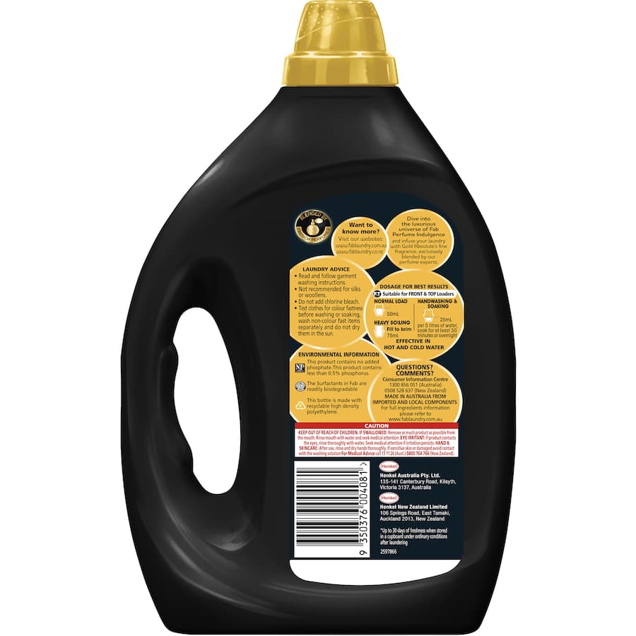 Ultra-rich Fab Laundry Detergent with Gold Absolute fragrance ensures long-lasting freshness and luxurious cleaning for all fabrics.