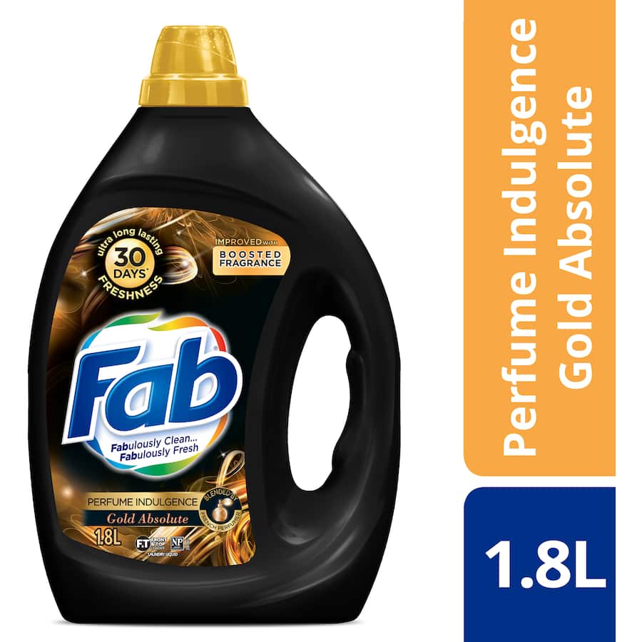 Fab Laundry Detergent Indulgence Gold, 1.8L liquid detergent with gold absolute fragrance for long-lasting freshness and easy pouring.