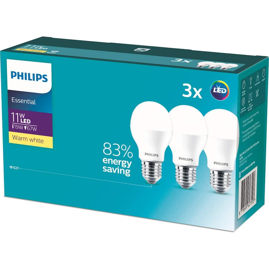 Philips 11W LED light bulb E27 in warm white, offering 1150 lumens, energy savings, and a lifespan of up to 10,000 hours.