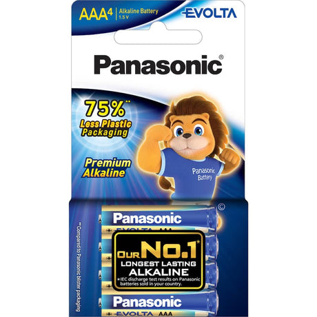 Panasonic Evolta AAA alkaline batteries, eco-friendly, long-lasting, anti-leak, perfect for high drain devices.