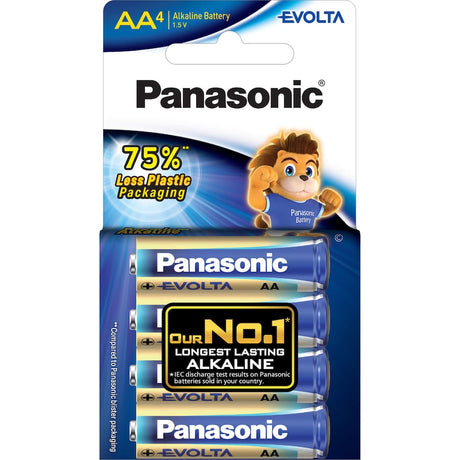 Panasonic Evolta AA Alkaline batteries, long-lasting, eco-friendly, anti-leak, reliable for high-drain devices, no mercury added.