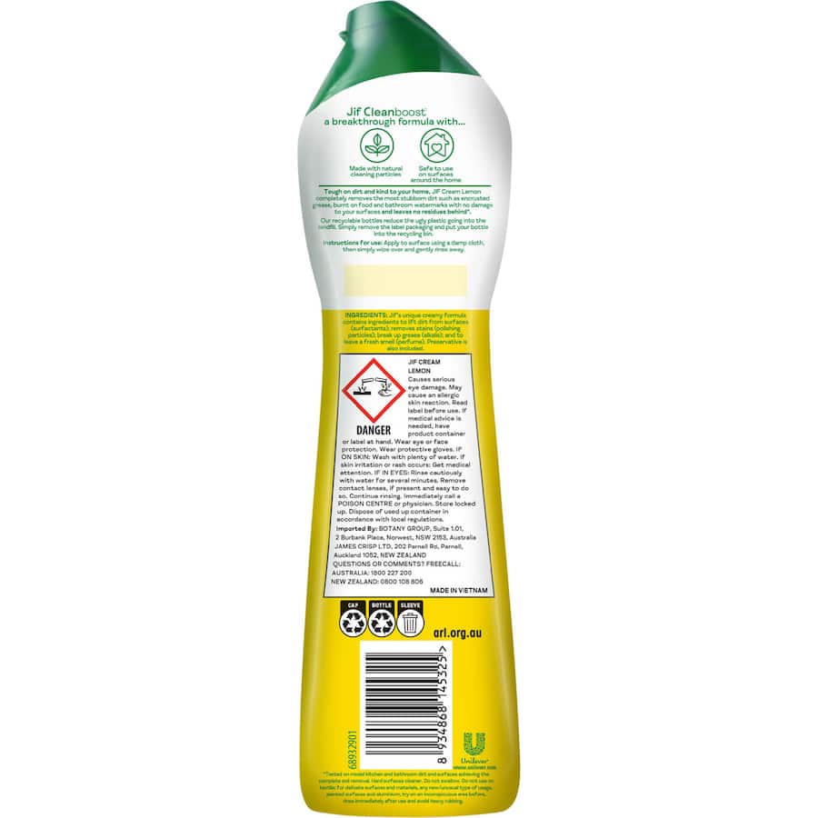 Jif Cream Surface Cleaner Lemon, a multipurpose cleaner with natural particles for tough dirt and a refreshing lemon scent.