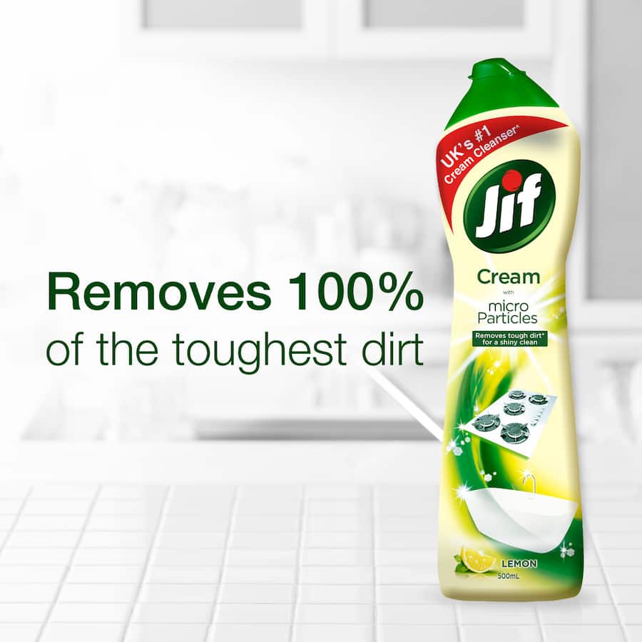 Jif Cream Surface Cleaner in Lemon, a multipurpose cleaner for tough dirt and grease with natural particles and a refreshing scent.