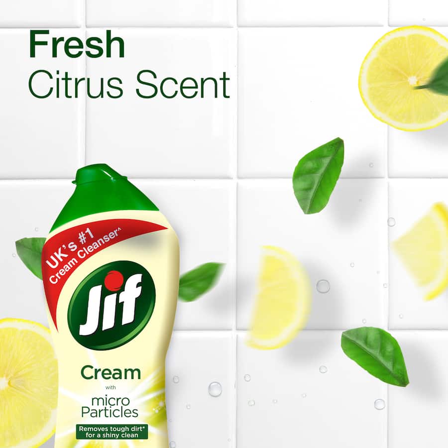 Jif Cream Surface Cleaner Lemon in a recyclable bottle, ideal for multi-surface cleaning with a refreshing lemon scent.
