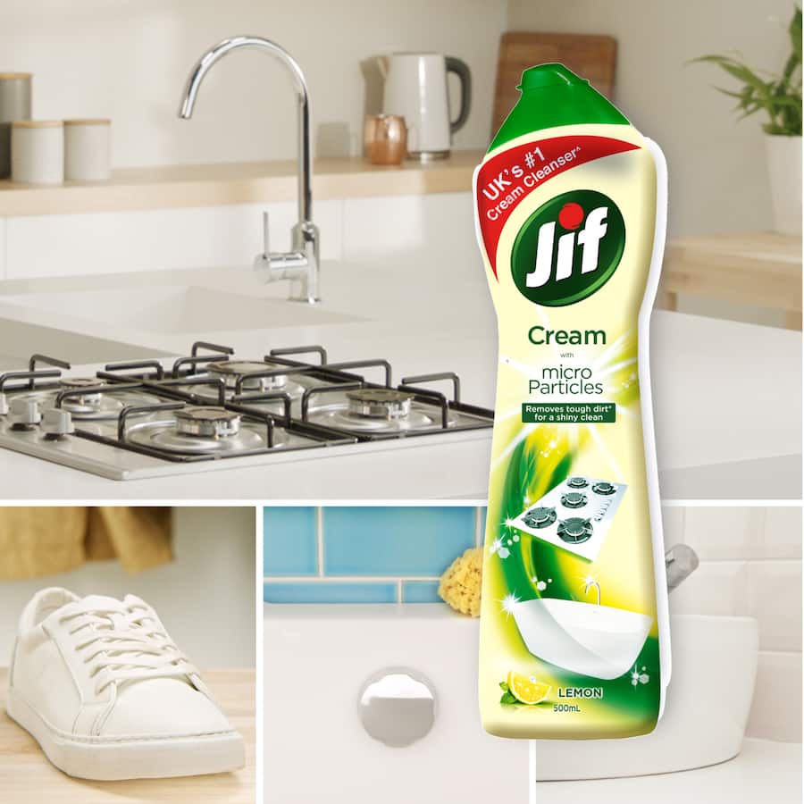 Jif Cream Surface Cleaner Lemon, a multipurpose cleaner that effortlessly removes tough dirt and leaves a refreshing lemon scent.