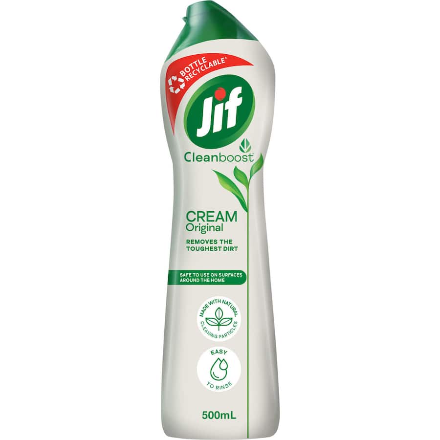 Jif Cream Surface Cleaner Original in a recyclable bottle, ideal for tough dirt and stubborn stains with a refreshing ocean scent.