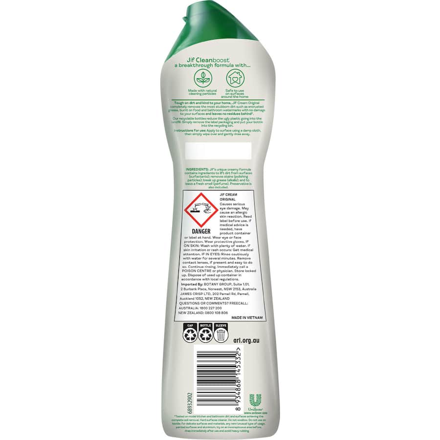 Jif Cream Surface Cleaner Original in packaging, a multipurpose cleaner with ocean scent for tough dirt and stains on all surfaces.