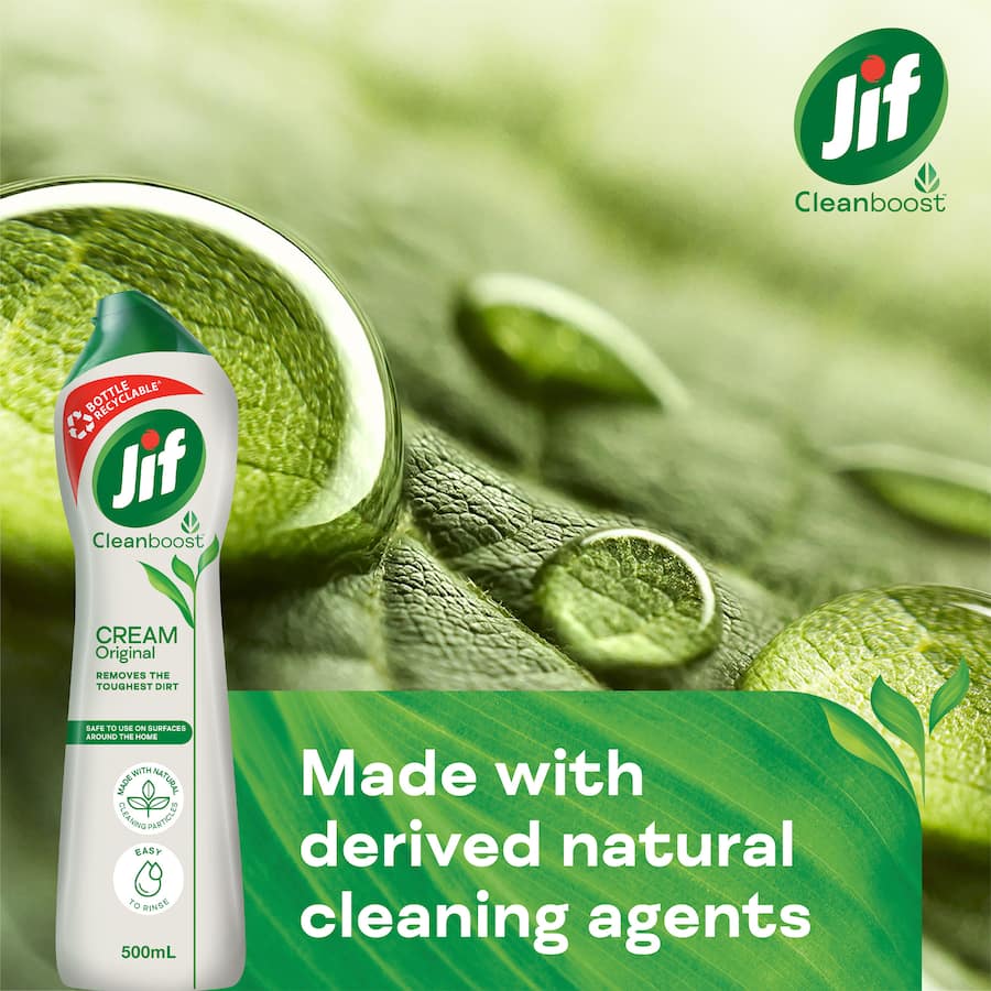 Jif Cream Surface Cleaner Original, a multipurpose cleaner with ocean scent, removes tough dirt gently and is eco-friendly.