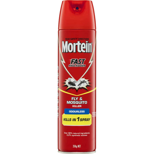 Odourless Mortein Fly Spray for effective insect control, safe for homes with children and pets, kills various flying pests.