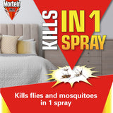 Mortein Odourless Fly Spray aerosol effectively eliminates a variety of flying insects without lingering chemical smells.