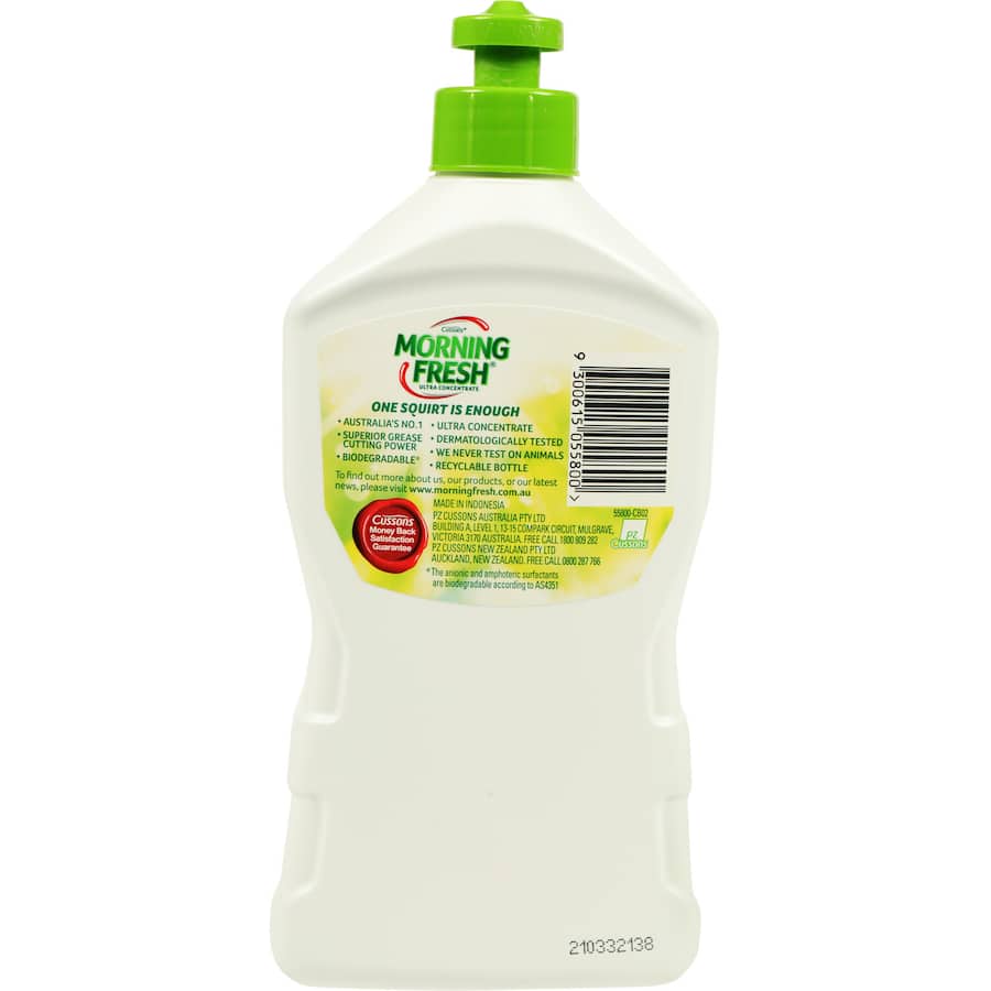 Morning Fresh Dishwash Liquid Lime in a recyclable bottle, featuring superior grease-cutting power for sparkling clean dishes.