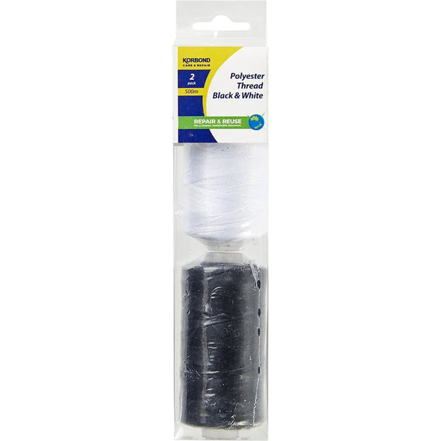 Korbond Thread Polyester in black and white, durable, fade-resistant thread for all sewing projects and crafting needs.